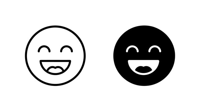 Happy laughing face emoticon icons with outline and filled styles for digital communication.