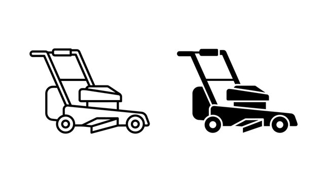 Lawn mower garden maintenance icons with linear and solid styles for landscaping and grass care.