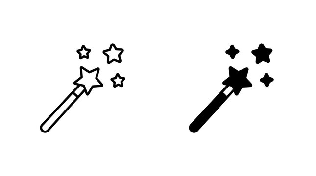 Magic wand icons with sparkles in outline and solid styles for creative design tools.