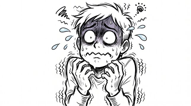 A hand drawn illustration of a terrified person sweating and shaking in fear.