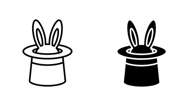 Magic hat with rabbit ears icons in line and silhouette styles for entertainment graphics.