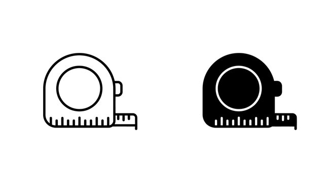 Black tape measure outline and solid icons for construction and diy craft projects.