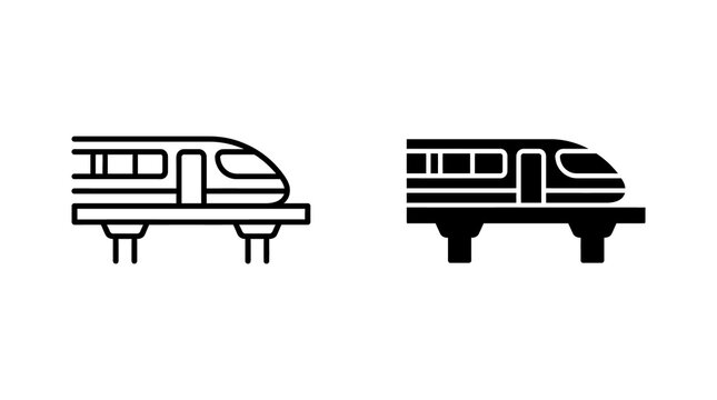 Monorail train icon with outline and solid variations for modern public transport design concepts.