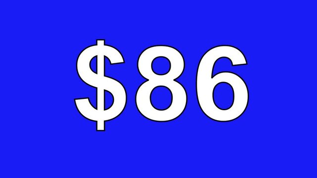 Animated 86 dollar sign symbol cash price tag text motion graphic isolated on blue background