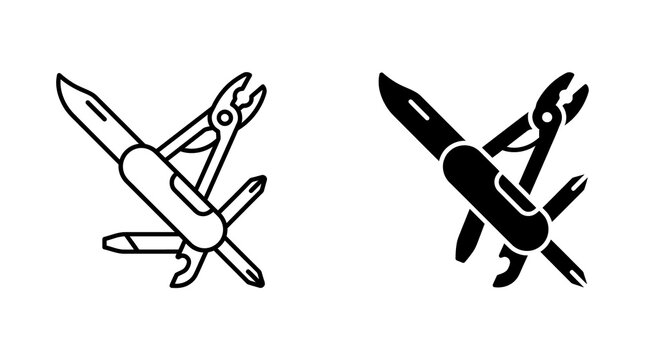 Multi tool knife icon set featuring pocket tool in outline and solid black styles for camping gear and outdoor activity equipment.