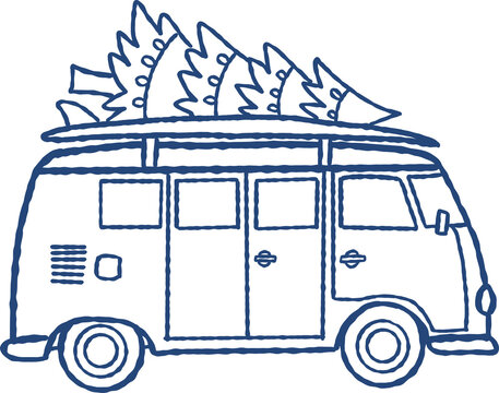 Vintage camper van ,surf board and Christmas tree on the roof rack clipart.Tropical holiday road trip travel concept, classic bus hand drawn doodle illustration.Ink line art.