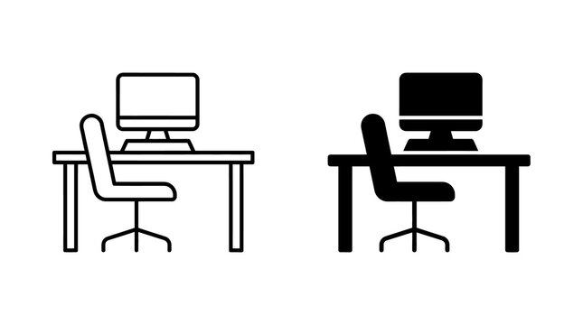 Modern office workspace icons with computer desk and chair for business concepts.