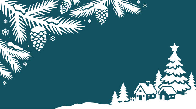 Festive Christmas background vector illustration featuring pine branches with pinecones at the top and a snow-covered village with houses and trees against a dark teal backdrop