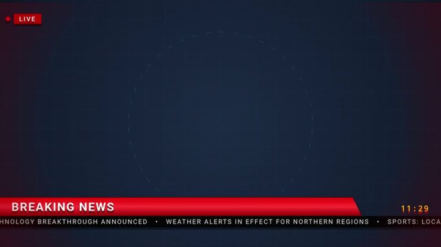 Breaking news broadcast graphic template with red banner and ticker