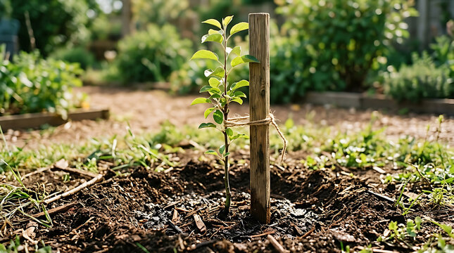 A young sapling tied to a wooden stake in a sunlit garden