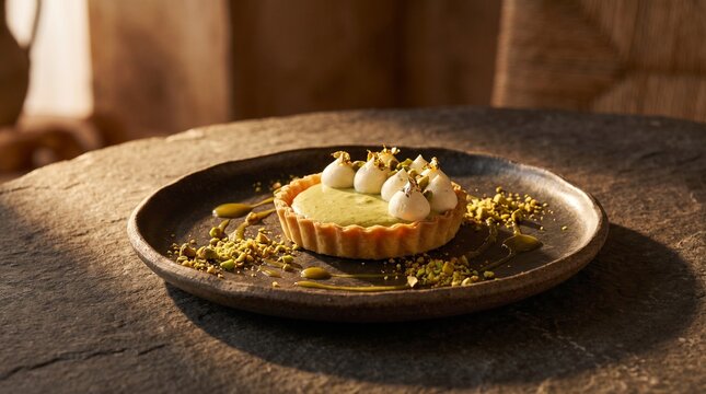 fine dining pistachio tart pastry, small tartlet shell filled with pistachio custard cream, topped with white cream quenelles and edible gold leaf and pistachio nuts, pistachio sauce drizzle and chopp