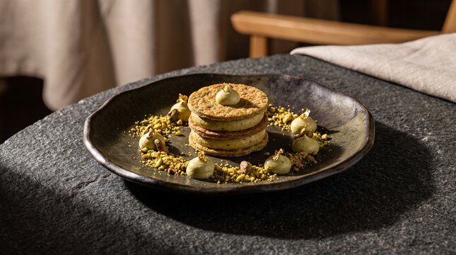 fine dining pistachio dacquoise sandwich, three crispy almond dacquoise discs layered with pistachio cream mousse, topped with pistachio dot and gold leaf, on irregular dark wabi sabi ceramic plate 