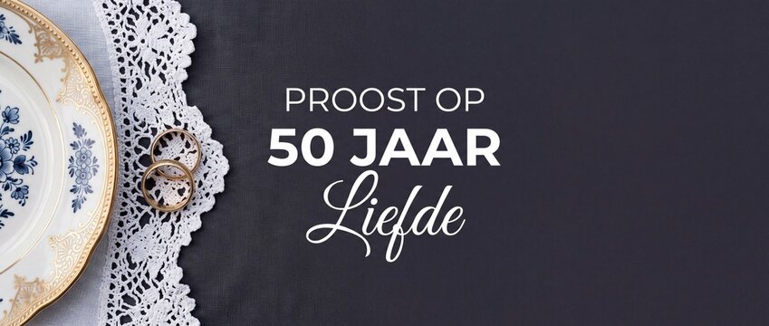 50th anniversary background Dutch text proost op 50 jaar liefde for golden wedding celebration banner with gold rings vintage porcelain plate crochet lace top view copy space romantic invitation card