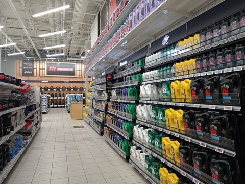 Penticton, Canada - July 19, 2026: Motor oil products are arranged on shelves in the aisle of a Canadian Tire store in Penticton, Canada.