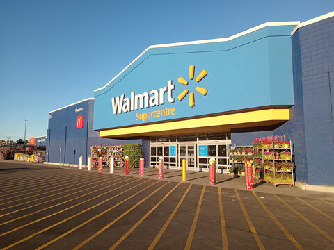 Penticton, Canada - June 21, 2026:  Walmart Supercentre stands prominently in Penticton, British Columbia, Canada with blue exterior and entrance.