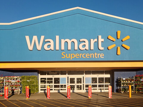 Penticton, Canada - June 21, 2026:  Walmart Supercentre stands prominently in Penticton, British Columbia, Canada with blue exterior and entrance.
