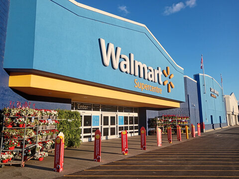Penticton, Canada - June 21, 2026:  Walmart Supercentre stands prominently in Penticton, British Columbia, Canada with blue exterior and entrance.
