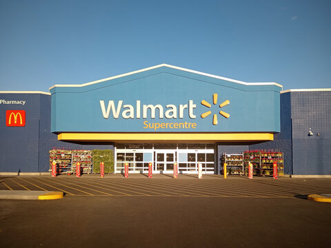 Penticton, Canada - June 21, 2026:  Walmart Supercentre stands prominently in Penticton, British Columbia, Canada with blue exterior and entrance.