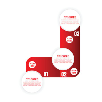 Three Step Red L Shaped Process Infographic with Numbered Horizontal and Vertical Sections and Circular Labels for Business Presentation