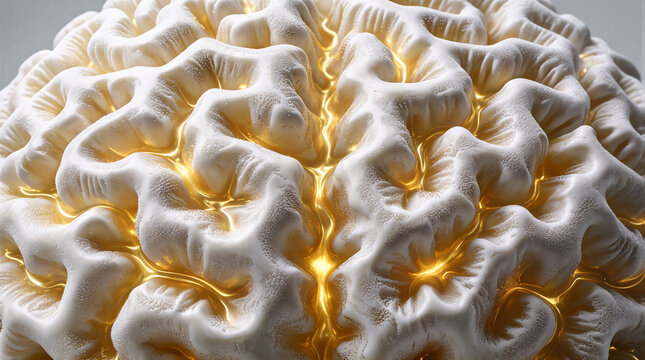White alabaster brain coral featuring intricate maze valleys filled with glowing gold light illuminating the textured surface