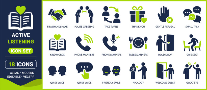 Active listening and social etiquette icon set, Good manners and communication icon set