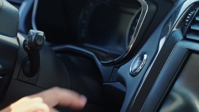 Hand pressing start button to start car