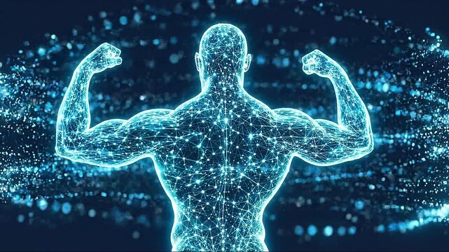 A glowing digital human body made of glowing nodes and connection lines flexes its muscles surrounded by swirling blue particle waves. 