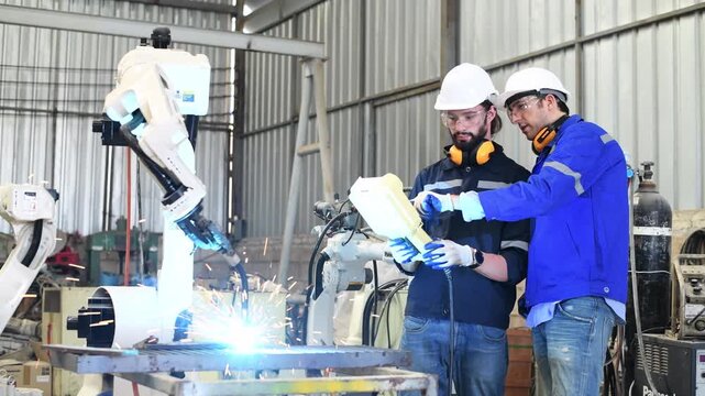 Engineer factory industry wearing safety uniform work and checking system of the welding robots for welding steel electrical by control system robot automate for industry manufacture concept.	