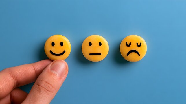 Hand holding happy smiley face button