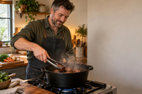 Middle aged caucasian man in apron searing beef chunks with tongs in black cast iron pot on gas stove in warm home kitchen