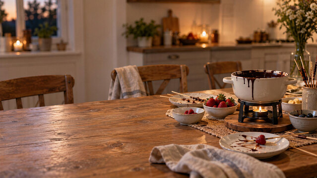 Rustic wooden dining table with chocolate fondue pot, strawberries, skewers on cozy kitchen evening scene with candles at dusk