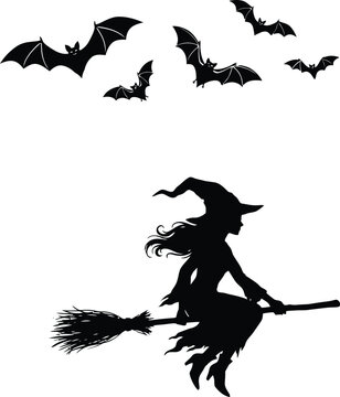 Silhouette of a witch flying on a broomstick with a group of bats soaring in the sky, isolated on a white background, halloween