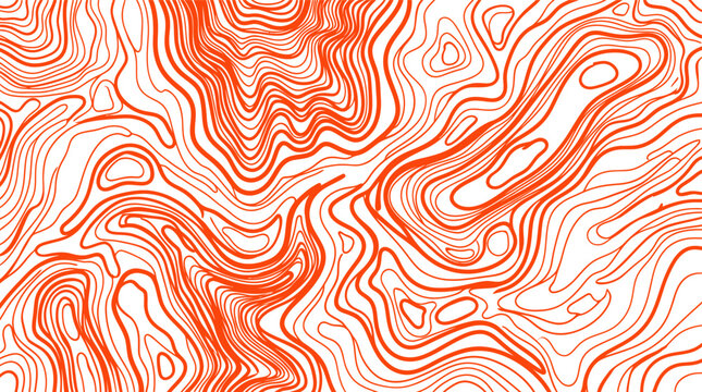 Orange topographic contour map abstract pattern background design with wavy lines representing terrain elevation