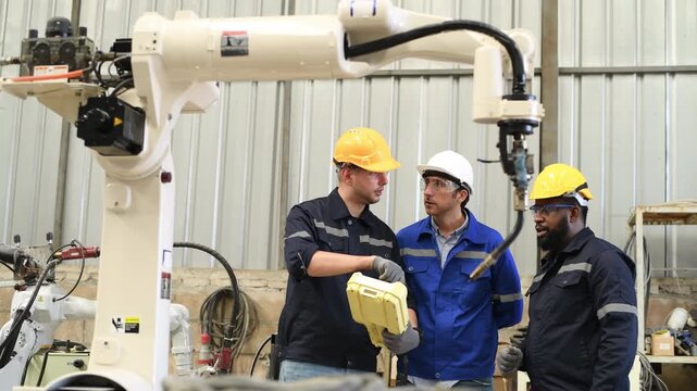 Engineer factory industry wearing safety uniform work and checking system of the welding robots for welding steel electrical by control system robot automate for industry manufacture concept.	