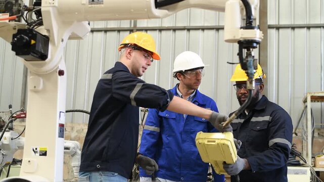 Engineer factory industry wearing safety uniform work and checking system of the welding robots for welding steel electrical by control system robot automate for industry manufacture concept.	
