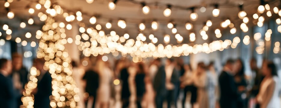 Celebration with people enjoying a party under string lights and Christmas tree, blurred photo