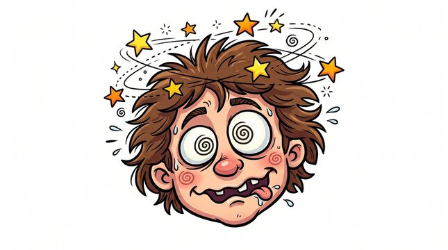 Cartoon illustration of a dizzy boy with swirling eyes and stars circling his head.