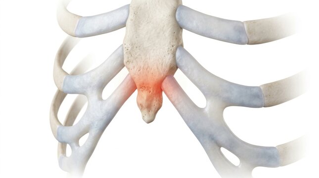 Medical illustration of human sternum and rib cage showing inflammation at the xiphoid process