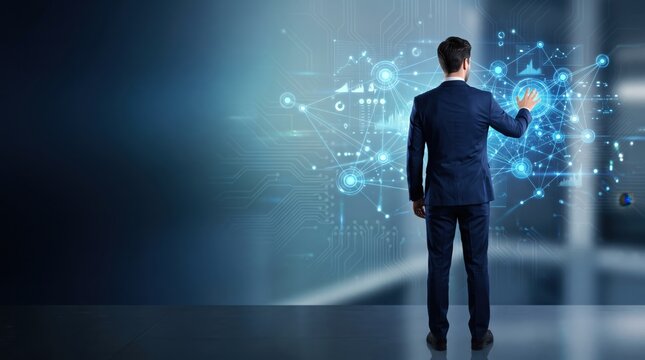 Businessman interacting with futuristic holographic interface displaying complex network data and digital charts, artificial intelligence technology concept