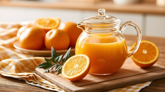 Orange juice in glass teapot with fresh oranges