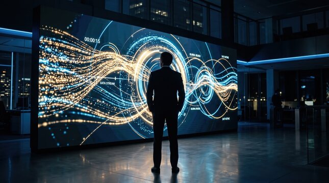 Silhouette of businessman observing large interactive data stream display wall with glowing particle effects and circular analytics graphics in futuristic corporate lobby or
