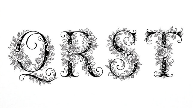 Ornate floral alphabet letters Q R S T with delicate bloom embellishments