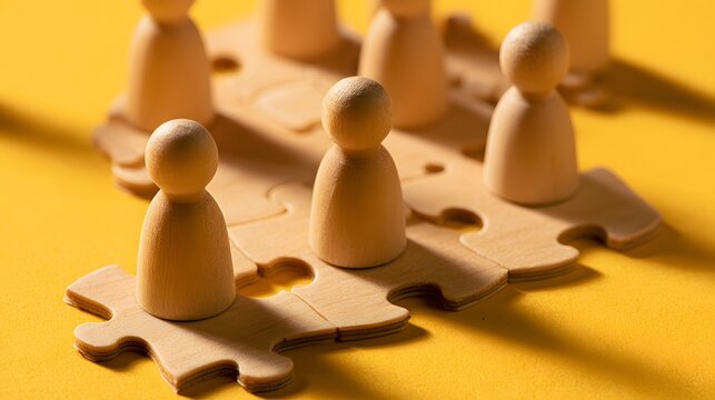 Wooden pawns on puzzle pieces