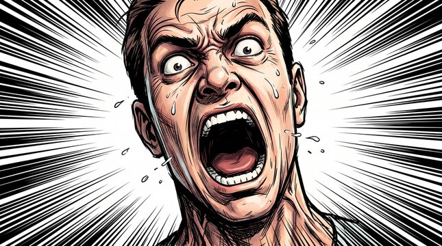 Comic book style illustration of a man screaming in intense fear or rage.