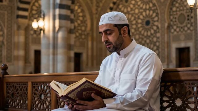 Muslim man with kufi reading holy book inside mosque