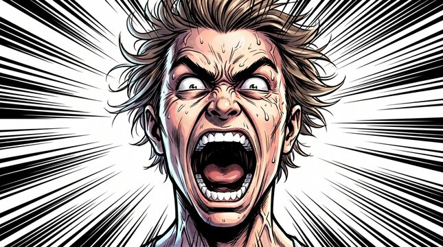 A man screaming in intense rage with a dramatic manga style background effect.