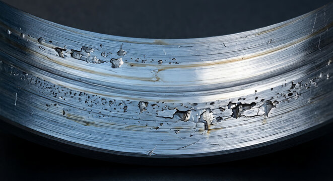 Industrial macro view of polished steel slewing bearing raceway showing operational contact fatigue spalling and kinetic micro striations