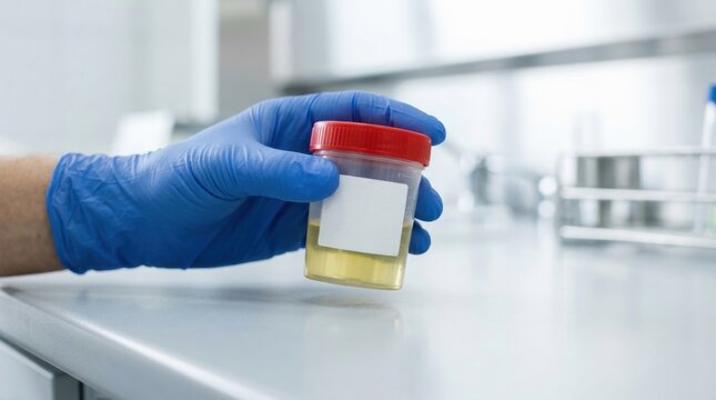 Laboratory technician holding a urine sample container for medical analysis in a clinical setting