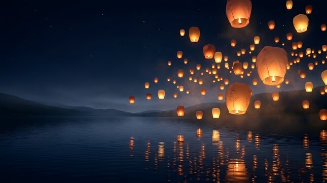 Many glowing paper lanterns floating in the dark night sky above calm water