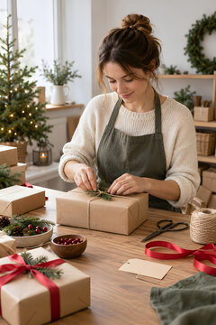 Woman adding an evergreen sprig to a Christmas parcel